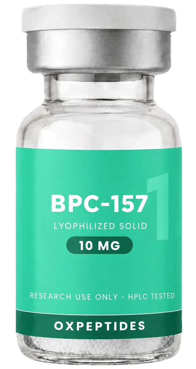 BPC-157 vial, lyophilized powder, green label