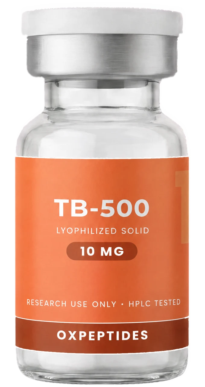 TB-500 vial, lyophilized powder, orange label